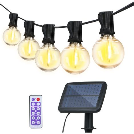 Guirnalda de luces LED solares de color blanco cálido de 5,5 m (18,04 pies) de largo para uso exterior, con 12 bombillas G40 irrompibles (1 bombilla de repuesto), resistente al agua con clasificación (1/5)