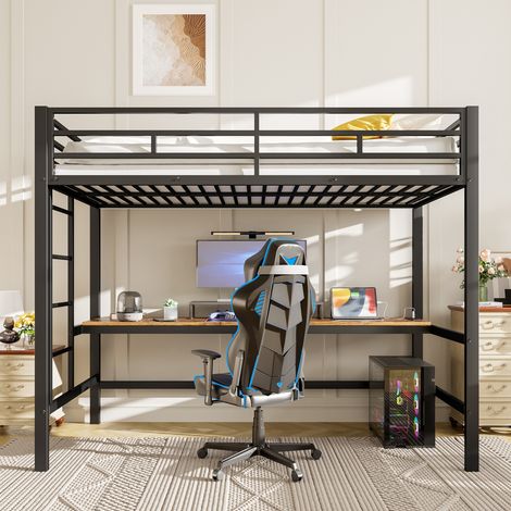 Lit mezzanine enfant 90x200 cm avec barrière, escalier, table avec USB et prise, bande lumineuse LED, en métal, sans matelas, noir