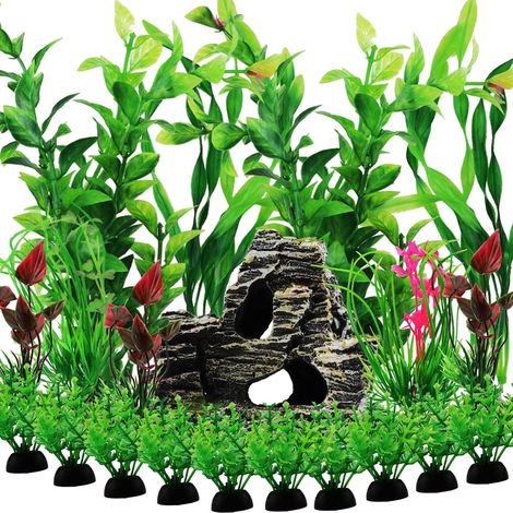 20 Pièces Aquarium Decoration Plante, Vert Plantes Artificielle Aquarium Deco et Rocher Polyrésine Grotte Ornement (1/5)