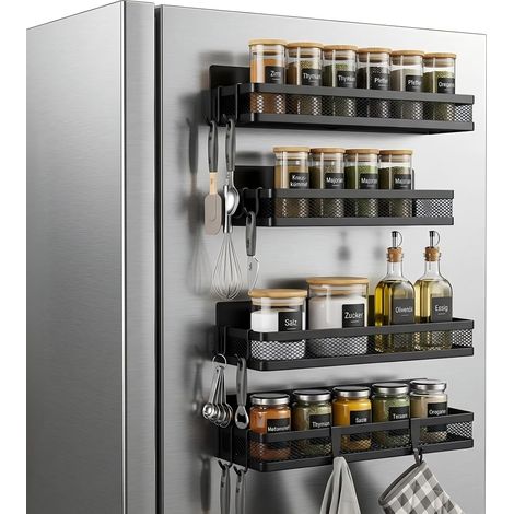 Porte-Épices Magnétique Frigo, Aimant Ultra Puissant Sans Perçage, Organisateur Cuisine Gain de Place, Lot de 4 Étagères avec 8 Crochets, pour Réfrigérateur et Micro-ondes (1/5)