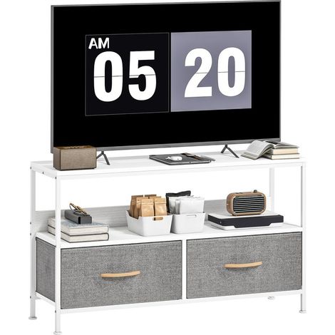 Meuble TV avec étagère et 2 tiroirs pliables en tissu pour téléviseurs jusqu'à 47 pouces, 98 cm de long, blanc et gris (1/5)