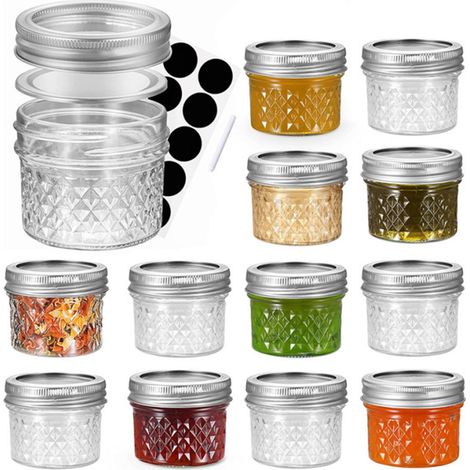 12 barattoli di vetro - Barattoli per conserve - Barattoli per marmellata - Barattoli per alimenti - Barattoli per alimenti con coperchio - Adatti per conservare gli alimenti - Vetro - Trasparente (1/5)