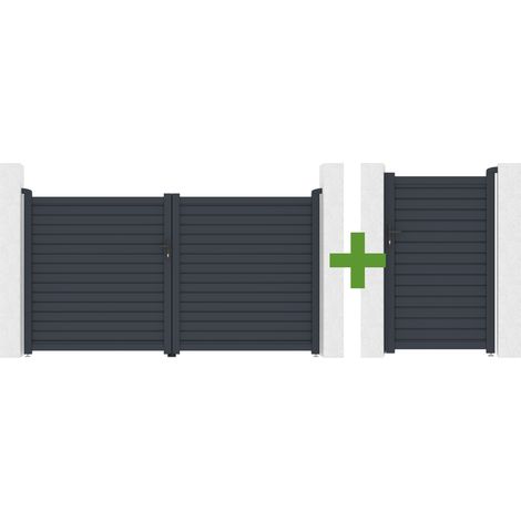 CALANCIA 3 m H. 160 cm Drehtor, graues Aluminium + CALANCIA Fußgängertor, graues Aluminium