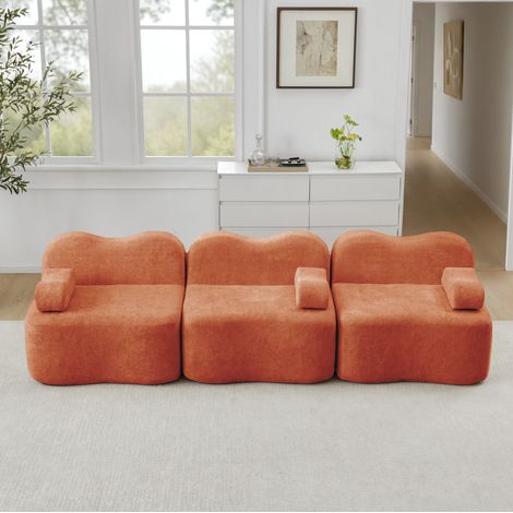 Canapé modulaire 3 places orange en velours avec assise profonde et coussin d’accoudoir mobile (1/5)