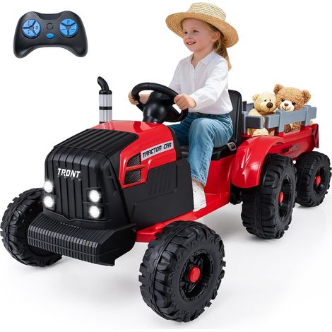 COSTWAY 24V Tracteur Électrique Enfant avec Remorque Amovible & Télécommande, Voiture Électrique Enfants avec Musique & Klaxon & Phares LED, Démarrage en Douceur, 3,2-6 km/h pour 3-8 Ans (Rouge) (1/5)