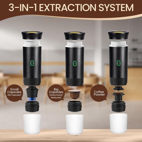 Machine à expresso électrique portable, cafetière nomade, compatible avec capsules grand format, capsules petit format et café moulu, auto-chauffante, idéale pour les voyages, le camping, le bureau ou (1/4)