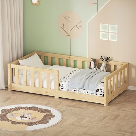 ML-Design Cama de Suelo Infantil 70x140 cm Natural Madera Maciza de Pino con Somier de Láminas y Protección Anticaída Cuna Individual Lecho para Niños y Bebés Mobiliario para Habitación Juvenil (1/5)