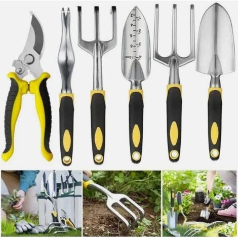 Kit outils de jardin 6 pièces en aluminium avec sécateur, poignées antidérapantes et sac de rangement pour rempotage, désherbage, balcon et potager (1/5)