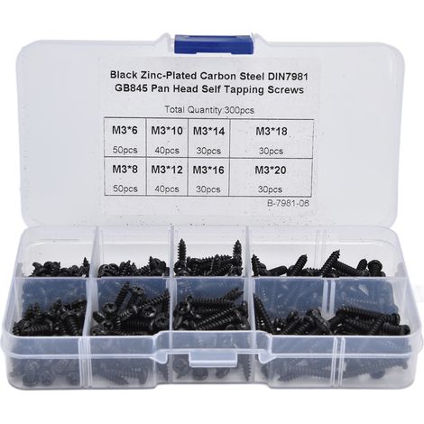 Vis à bois M3 noir, lot de 300 pièces, tête fraisée cruciforme, kit assorti en acier carbone, visserie polyvalente (1/5)