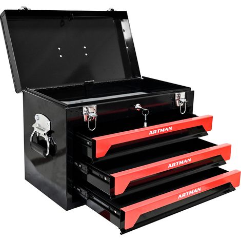 Caisse à outils en acier 20 pouces avec 3 tiroirs et fermetures métalliques, noir et rouge (1/5)