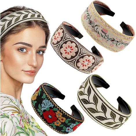 Lot de 4 bandeaux bohèmes brodés à la main, larges, style ethnique vintage, pour femmes et filles. Accessoires pour cheveux. (1/5)