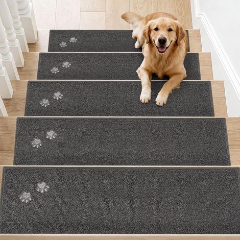Tapis Escalier, Antidérapant, Gris Foncé, 15 Pièces, 22 70cm 100% Polyester, Lavable en Machine, Dos TPE Antidérapant, pour Marches d'Escalier (1/5)