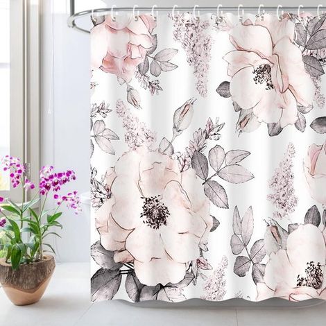 REWYTAZ Duschvorhang gegen Schimmel – 2-teilig – Rosa-graue Blumen – Duschvorhang 180 x 200 cm – wasserdicht – Duschvorhangringe (1/5)