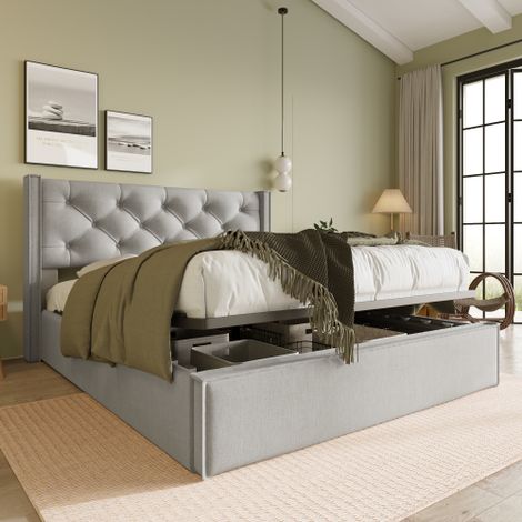 Lit hydraulique double, lit moelleux 140x200 cm, lit avec grille en métal, cadre de lit moderne avec espace de rangement, coton, gris clair (avec matelas)