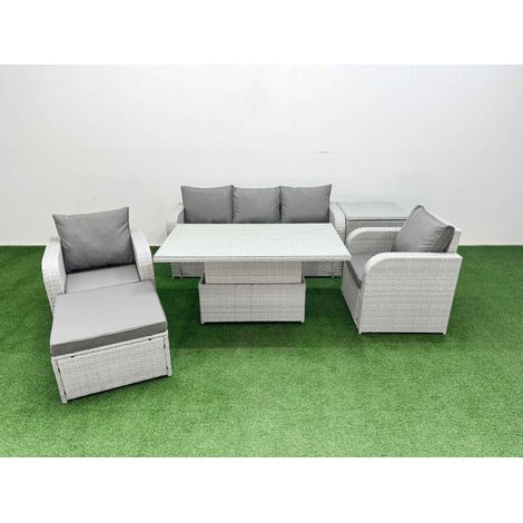 Fimous PE Rattan Garden Furniture Set Reclining Chair Sofa Lounge Sofa Set Adjustable Lifting Dining or Coffee Table Side Table Big Footstool Light Grey (1/4)