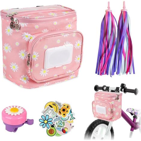 Wasserdichte Fahrradtasche aus Canvas, Lenkertasche für Kinderfahrräder, Fahrradkorb vorne mit Blumenmuster, wasserdicht - mit Schultergurt (Rosa) (1/5)