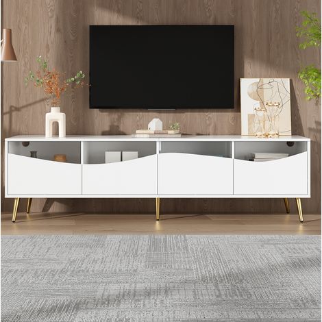 Moderner TV-Schrank (180 x 40 x 50 cm) mit LED, weißem Korpus, goldenen Füßen, Glasfront, für Wohnzimmer (1/5)