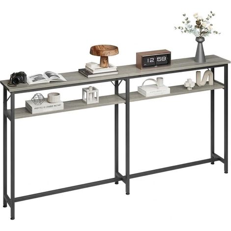 Table Console Longue et Étroite 180 cm à 2 Niveaux, Meuble d’Entrée avec Rangement, Structure en Fer et MDF, Gris (1/5)
