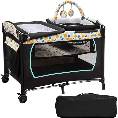 4 in 1 Culla da Viaggio Lettino per Neonati Box Portatile, Pieghevole con Ruote e Materassino, Borsa di Trasporto e Giochi Inclusi, Blu (1/5)