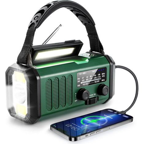 Radio d'urgence, 1 unité, verte, à énergie solaire, AM/FM, batterie rechargeable, lampe torche et chargeur de téléphone portable. (1/5)