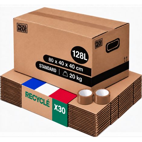 Pack and Move - Lot 30 cartons déménagement stockage XL - 80 x 40 x 40 cm - Poignées renforcées - 2 adhésifs offerts (1/5)