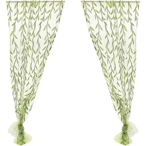 Rideaux en tulle transparent à œillets avec motif osier pour chambre ou salon, 100 x 270 cm (vert)-100X270cm-Green (1/4)