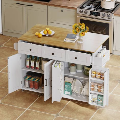 Carrito de cocina con 4 puertas, 3 cajones, tablero abatible y ruedas con freno, MDF, Blanco y madera natural (1/5)