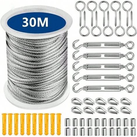 Stahlseil Set 30 m x 2 mm nylonummanteltes Stahlseil Stahldraht Komplett mit Edelstahlhaken, Schraubösen und Befestigungsmaterial Für Zeltleinen, (1/5)