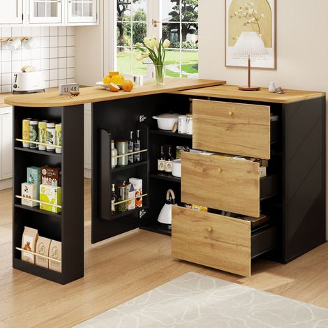 Mesa de bar 138-204 x 39 x 104 cm - Isla de cocina giratoria 360°, extensible, con 3 cajones y espacio de almacenamiento - Negro (1/5)