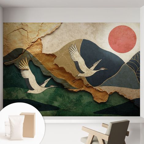 Tapete Vliestapete mit Kleber - abwaschbar - Tapete mit Motiv - trendige Wanddeko - elegant Fototapete Kraniche im Osten 152x104 cm (1/5)
