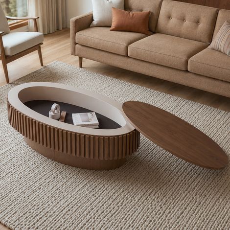 Tavolino basso ovale 98 x 60 x 35 cm con vano nascosto, noce, MDF impiallacciato DESVIAE (1/5)