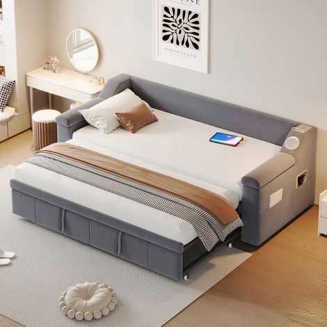 lit adulte convertible hydraulique 180x190 velours gris OKMYHOME (1/5)