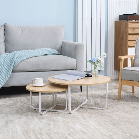 HOMCOM Set aus 2 Couchtischen Ø65x32 cm und Ø45x26 cm mit Holzplatte und Beinen aus naturfarbenem und weißem Metall (1/5)