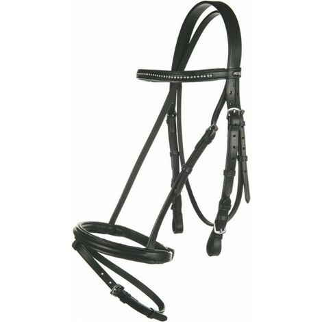 Briglia inglese in cuoio con frontalino strass e redini in tela: Cob, nero 9100
