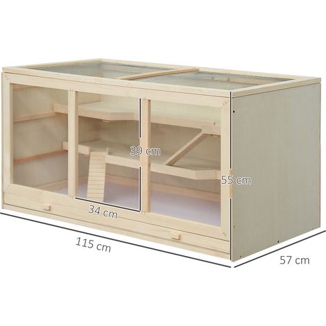 Cage en bois PawHut pour hamsters, 3 niveaux, avec étagère lavable, couvercle à charnières et escalier, idéale pour hamsters et hamsters nains, 115 x 57 x 55 cm, bois naturel (1/5)