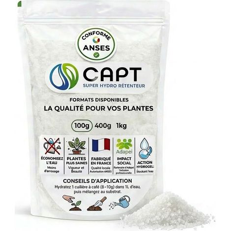 CAPT® Hydro Rétenteur d'eau - Hydrogel Rétenteur d'Eau pour Plantes en Pot - Billes Réserve d'eau, Arrosage Automatique Vacances - Homologuée ANSES - 100g