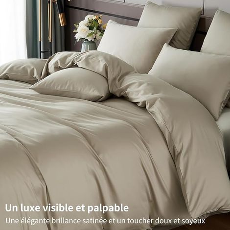 Cotton Satin Duvet Cover 220 x 240 cm Beige 100% Cotton Satin Bedding Set Double Bed Linen with Zip and Pillowcases 65 x 65 cm (1/3)