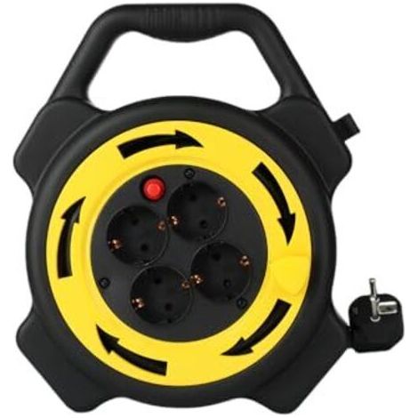 Rallonge de 10 m avec 4 prises Schuko, enrouleur de câble 3000 W, 16 A, protection contre les surcharges et la surchauffe, câble H05VV-F de 1,5 mm², avec interrupteurs, portable, noir