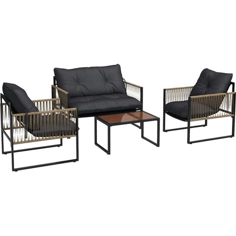 Set da Giardino 4 Pezzi in Rattan con Divanetto, 2 Sedie e Tavolino da Caffè, Grigio e Marrone