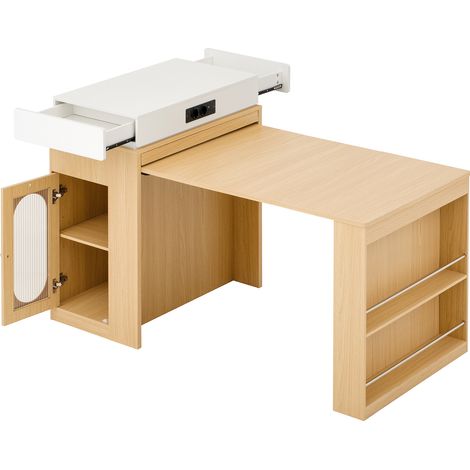 Carro de Cocina con 1 Cajón, Estantes Ajustables, Mesa Abatible y Enchufes, en MDF y Vidrio, 83x46x96 cm, Natural (1/5)