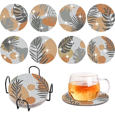 Lot de 8 sous-verres de peinture diamant DIY feuilles vertes avec support - Dessous de verre décoratifs en bois avec kit de peinture diamant pour adultes et enfants débutants (1/5)