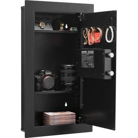 Coffre-fort Mural, Armoire Forte Dissimulée à 3 Niveaux, Déverrouillé par Clavier et Clé, Boîtier Encastrable en Acier Laminé à Froid, avec LED, 2 Étagères Réglables et Porte-clés, pour Argent (1/5)