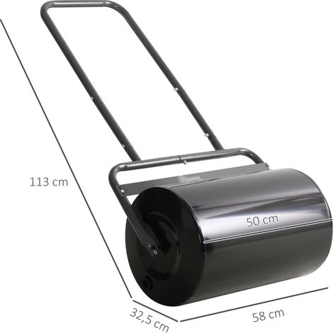Rouleau de jardin à manche en U, Ø 32 cm, réservoir de 38 L d'eau ou 62 kg de sable, acier noir, format 57 x 32,5 x 107 cm, pour un gazon parfait. (1/5)