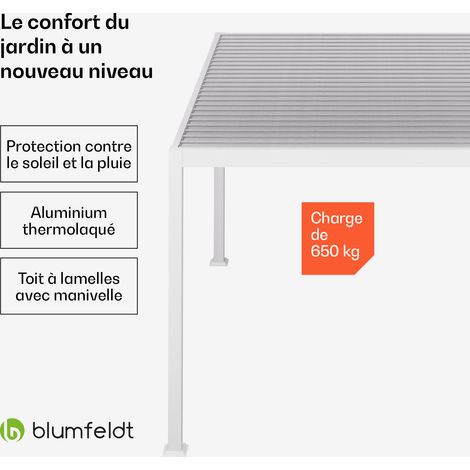 Blumfeldt – Pergola LuminaHaven 4x3 m – Structure aluminium résistante – Toit à lames acier galvanisé – Protection contre intempéries