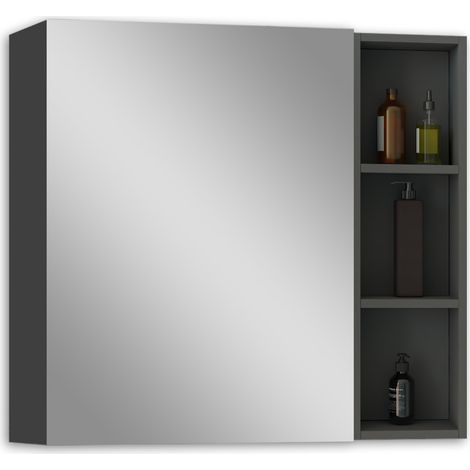 Acezanble Armoire de Toilette Mural avec Miroir Niches Intégrées et Rangement Fermé - Moderne, Anthracite, 80x70 cm