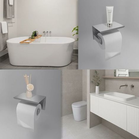 Porte Papier Toilette, Support Papier Toilette sans Percage, Porte Rouleau Papier Toilette Auto-adhésif avec Tablette pour Salle de Bain et Cuisine, Acier INOX SUS 304, Argent (1/4)