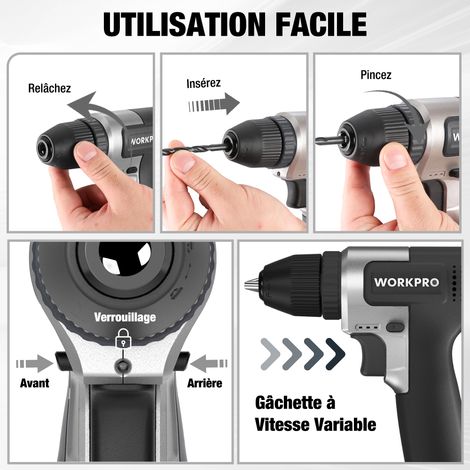 WORKPRO Kit de Perceuses Visseuse Sans Fil 8V Noir, Visseuse Devisseuse Sans Fil 2000mAh, Couple 12Nm, Mandrin de Perçage 10mm, LED Lumière, Kit d'Accessoires Complet, pour Réparation Maison DIY — vue 4
