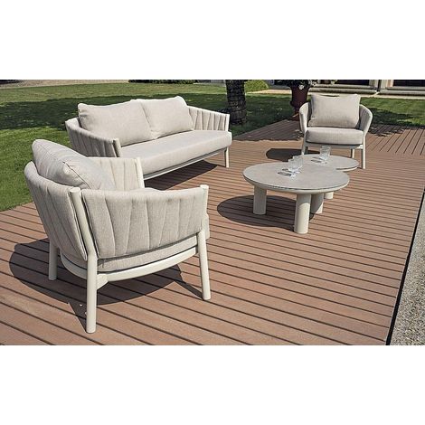 Set composto da divano 3 posti, 2 poltrone textilene grigio e 2 tavolini MALIGI HOME MG-GELTRUDE Grigio (1/5)