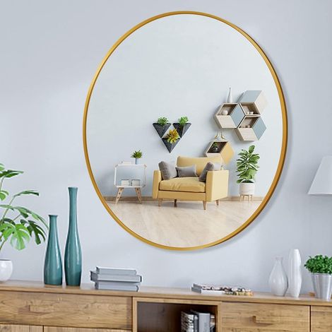 Miroir Mural Ø60cm, Miroir Rond avec Cadre en Métal Doré, Miroir Décoratif pour Salle de Bain, Chambre, Salon, Couloir, Miroir Maquillage Moderne, Miroir Suspendu Or