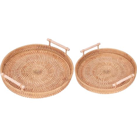 2PCS Plateau Rond en Rotin Tressé Main - Plateau de Service pour Thé, Fruits, Cuisine et Maison (1/5)